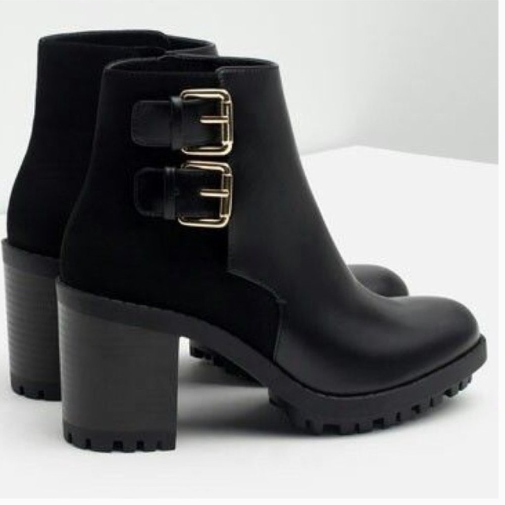 Zara Black Booties with Gold Buckles